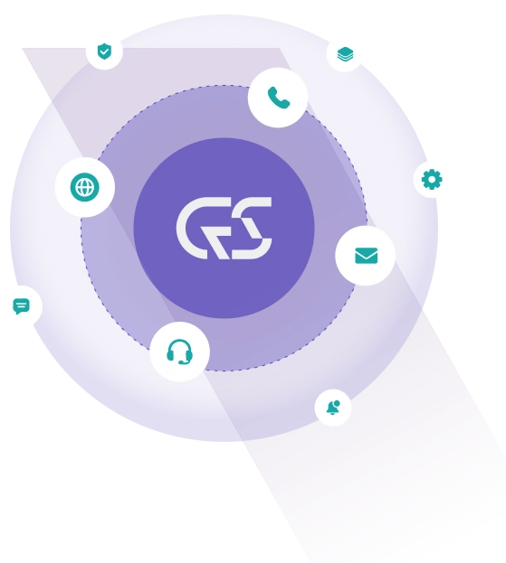 GeekSupport logo surrounded by icons representing communication, security, and IT support services