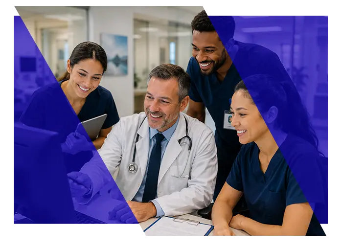 Healthcare team reviewing information together at a computer