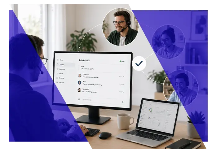 Support specialist working at a computer with remote team members